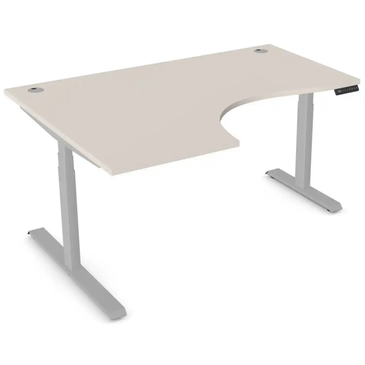 Curved sit stand desk with 1600mm x 1200mm cashmere desk top, silver frame and left-hand return