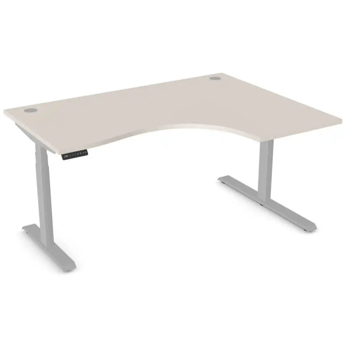 Curved sit stand desk with 1600mm x 1200mm cashmere desk top, silver frame and right-hand return