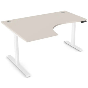Curved sit stand desk with 1600mm x 1200mm cashmere desk top, white frame and left-hand return