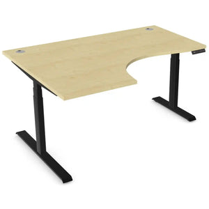 Curved sit stand desk with 1600mm x 1200mm maple desk top, black frame and left-hand return