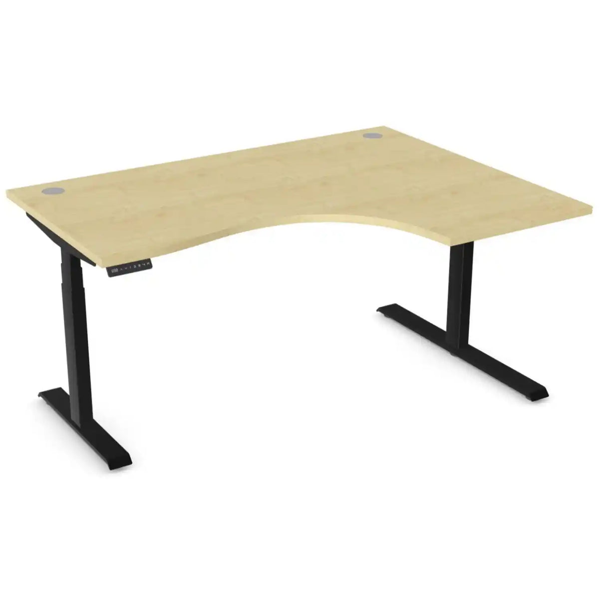 Curved sit stand desk with 1600mm x 1200mm maple desk top, black frame and right-hand return