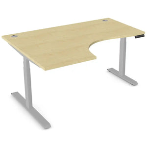 Curved sit stand desk with 1600mm x 1200mm maple desk top, silver frame and left-hand return