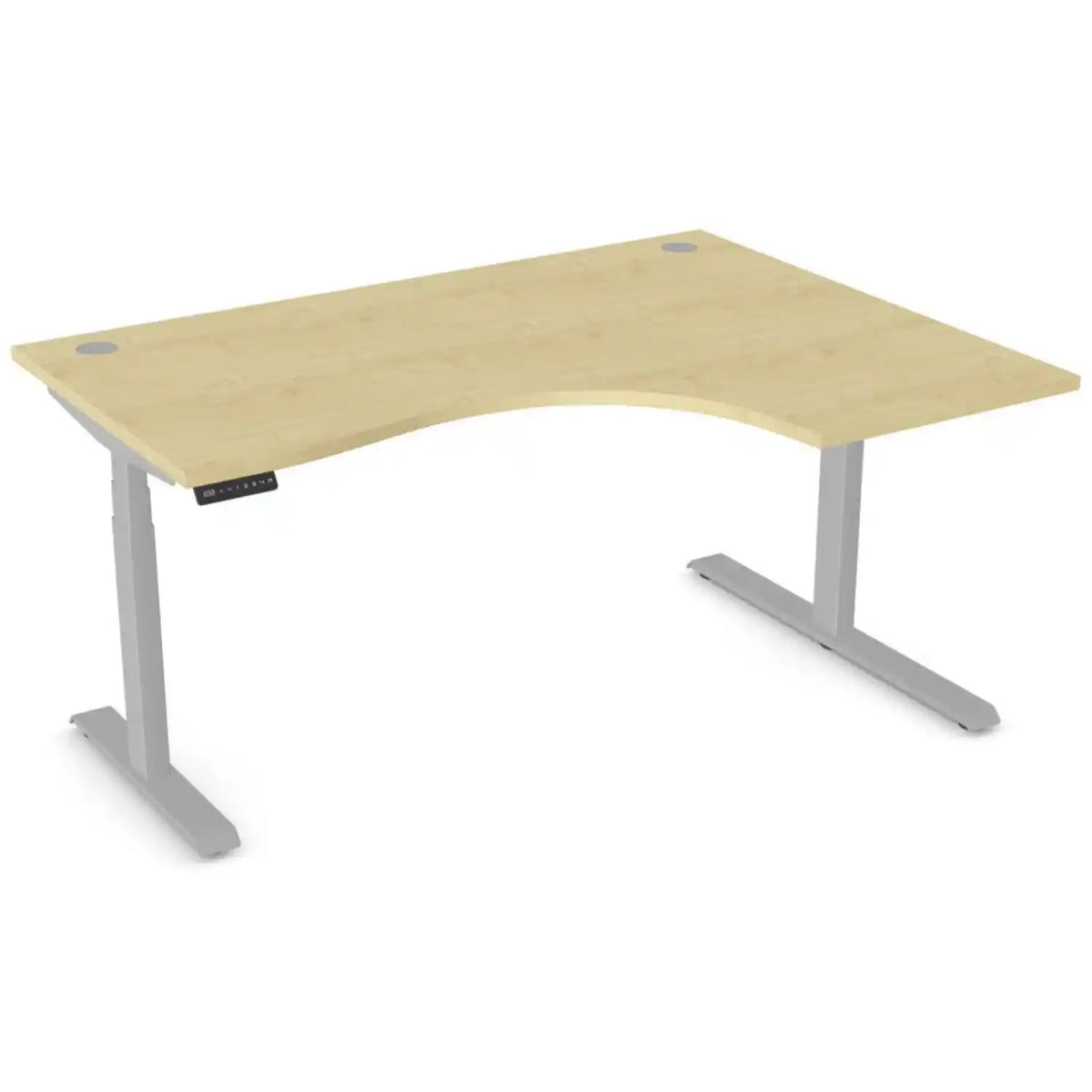 Curved sit stand desk with 1600mm x 1200mm maple desk top, silver frame and right-hand return