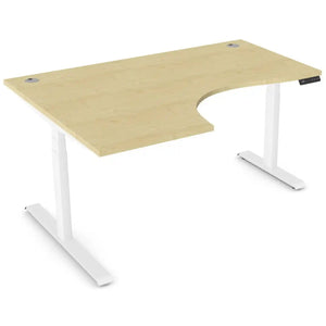Curved sit stand desk with 1600mm x 1200mm maple desk top, white frame and left-hand return