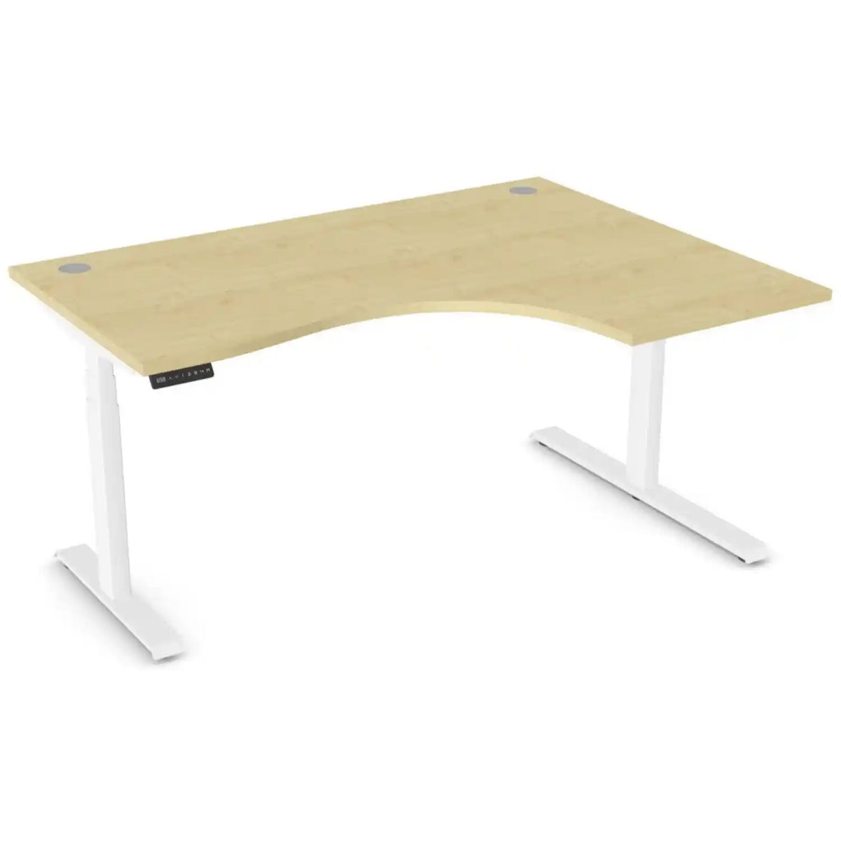 Curved sit stand desk with 1600mm x 1200mm maple desk top, white frame and right-hand return