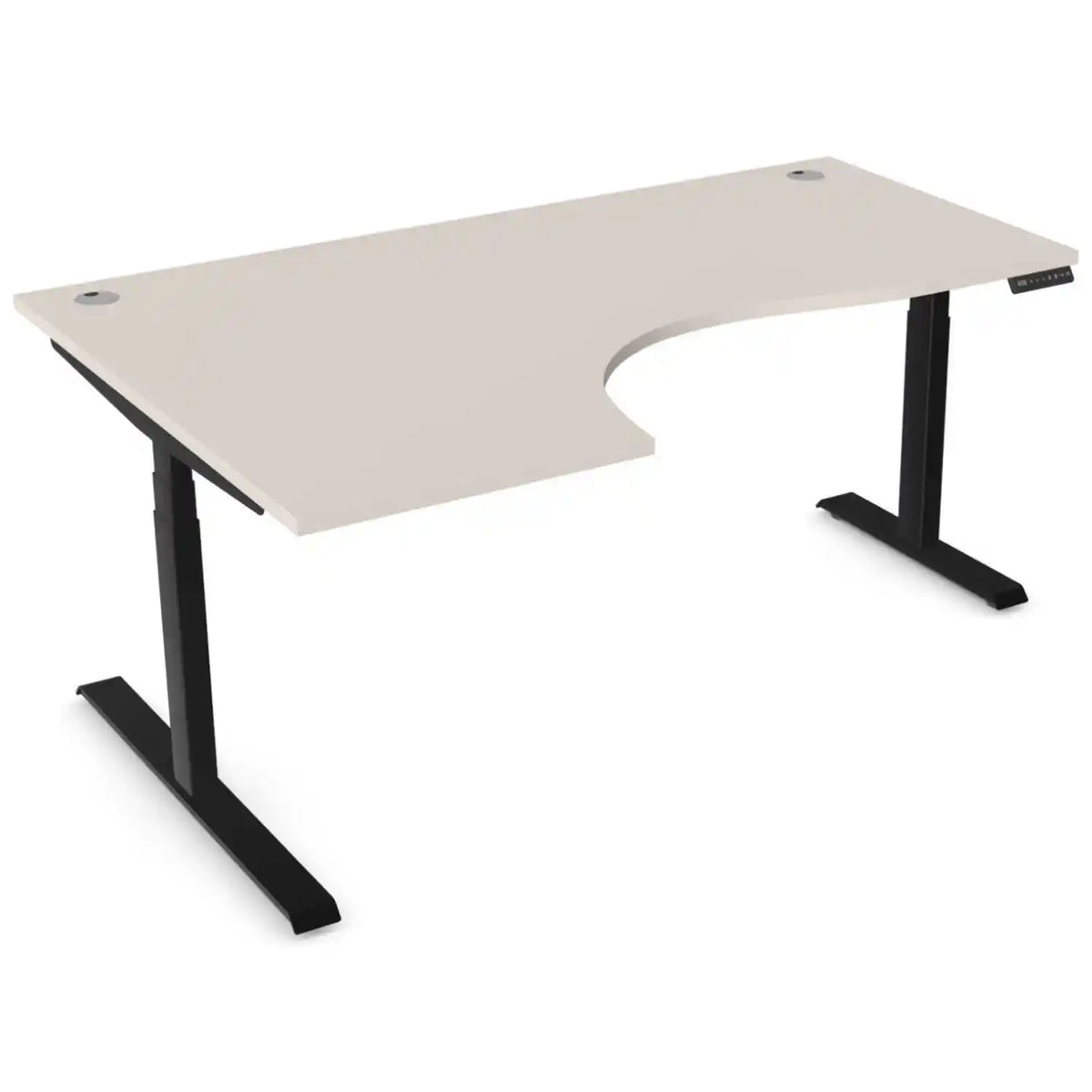 Curved sit stand desk with 1800mm x 1200mm cashmere desk top, black frame and left-hand return