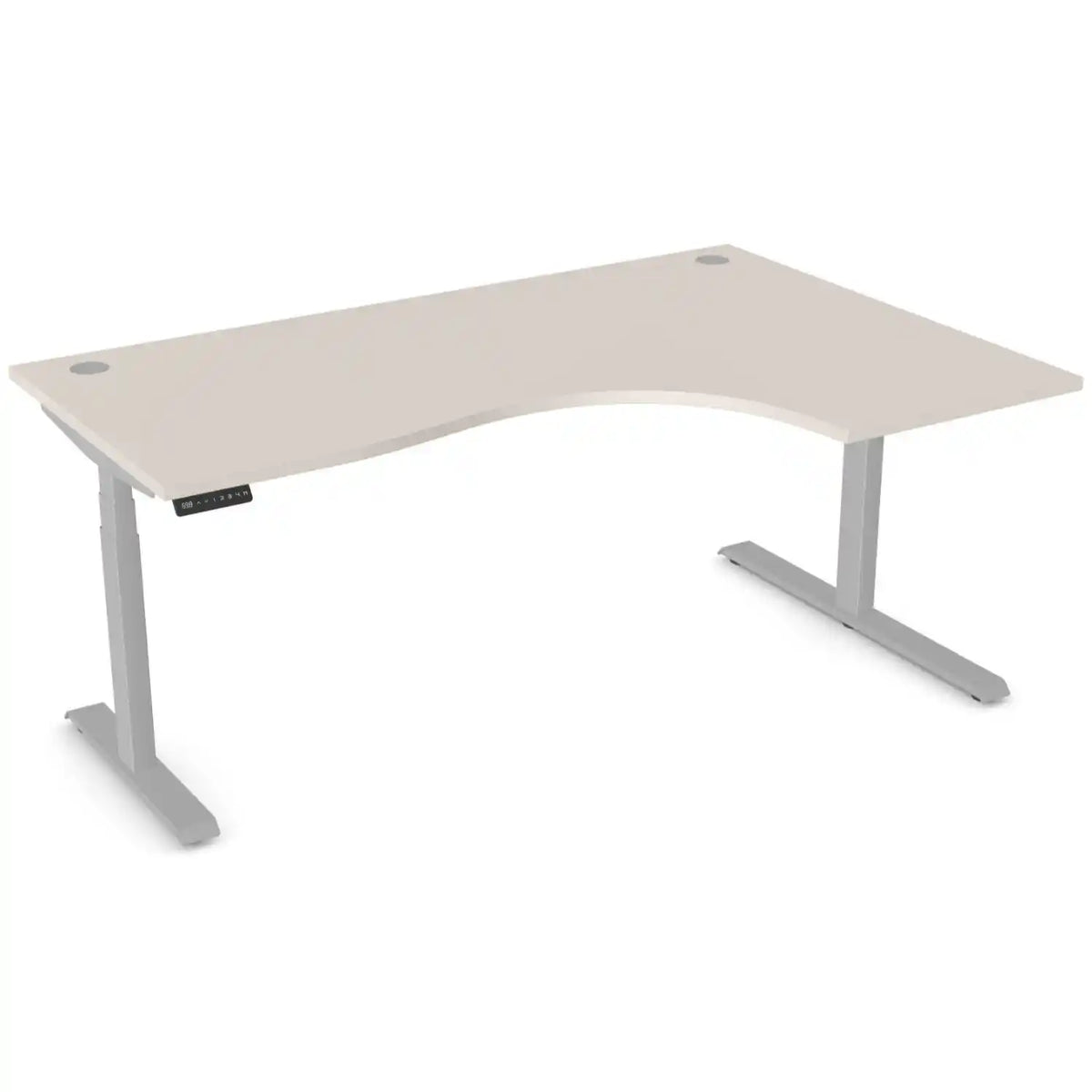 Curved sit stand desk with 1800mm x 1200mm cashmere desk top, silver frame and right-hand return
