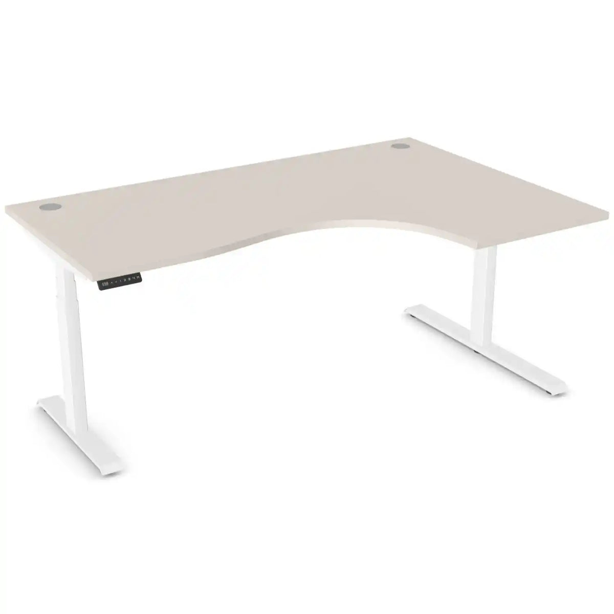 Curved sit stand desk with 1800mm x 1200mm cashmere desk top, white frame and right-hand return