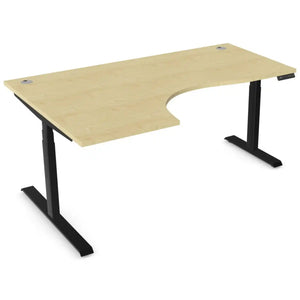 Curved sit stand desk with 1800mm x 1200mm maple desk top, black frame and left-hand return