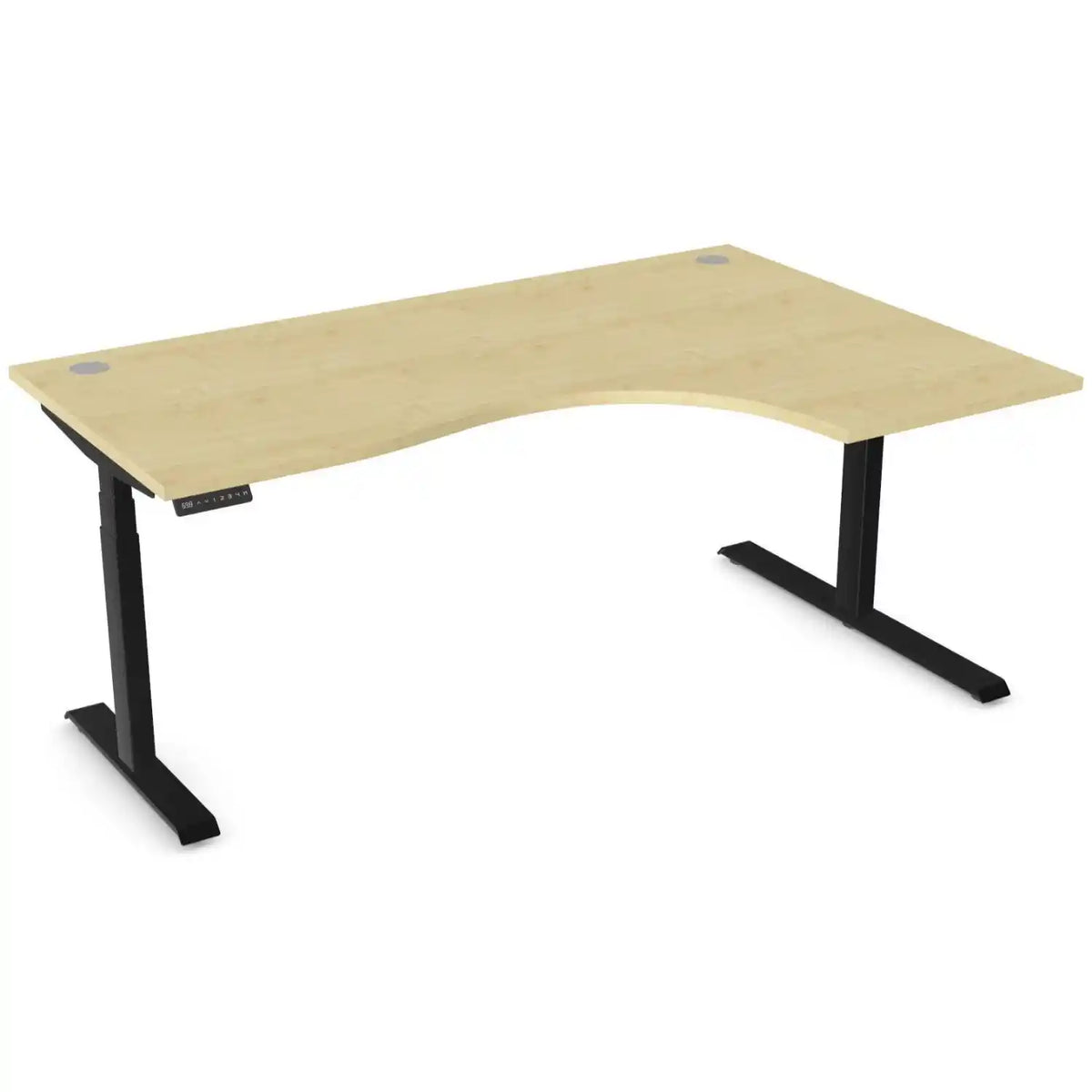 Curved sit stand desk with 1800mm x 1200mm maple desk top, black frame and right-hand return