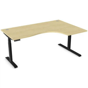 Curved sit stand desk with 1800mm x 1200mm maple desk top, black frame and right-hand return