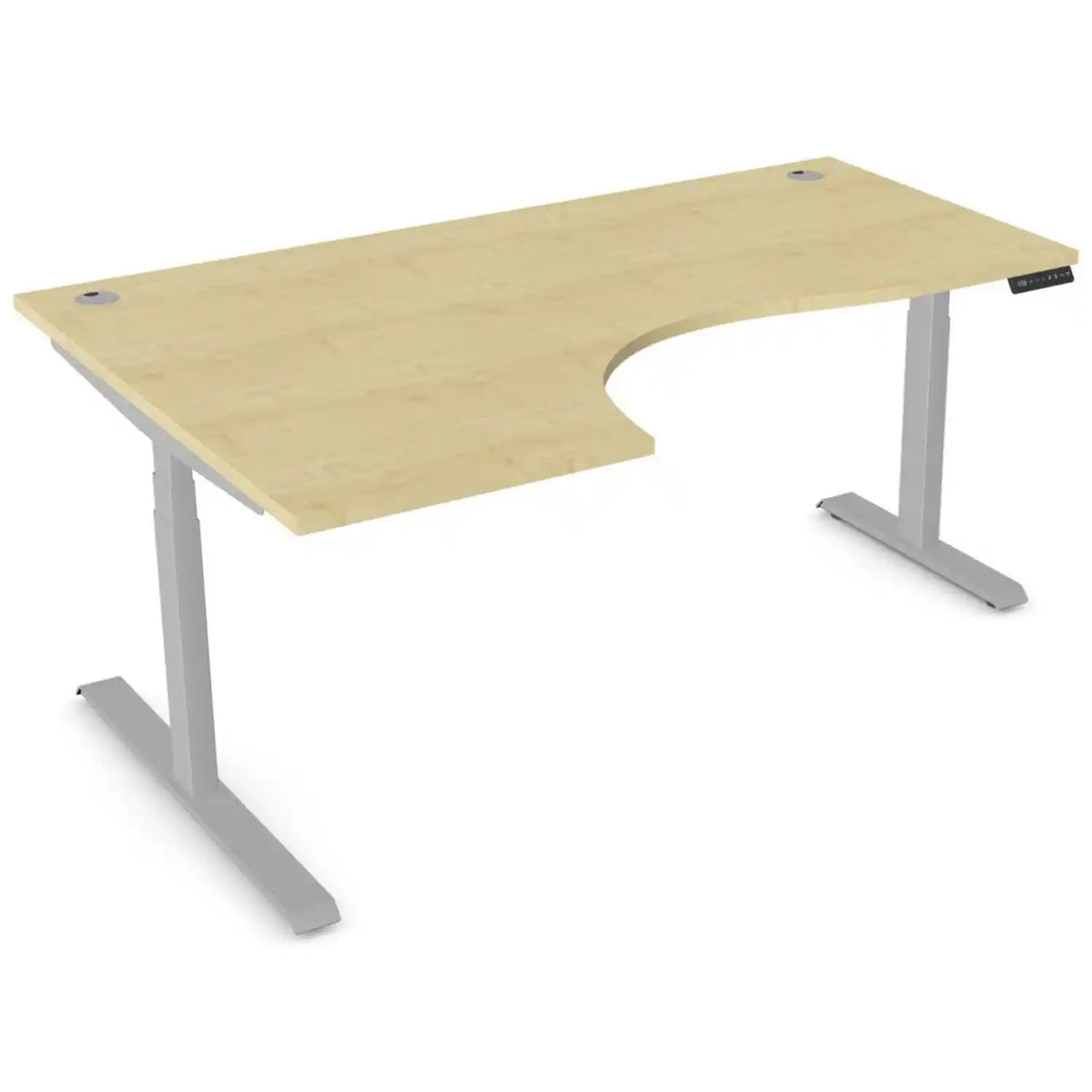 Curved sit stand desk with 1800mm x 1200mm maple desk top, silver frame and left-hand return