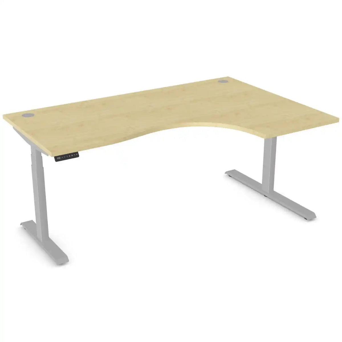 Curved sit stand desk with 1800mm x 1200mm maple desk top, silver frame and right-hand return