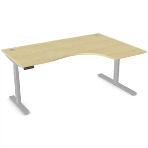 Curved sit stand desk with 1800mm x 1200mm maple desk top, silver frame and right-hand return