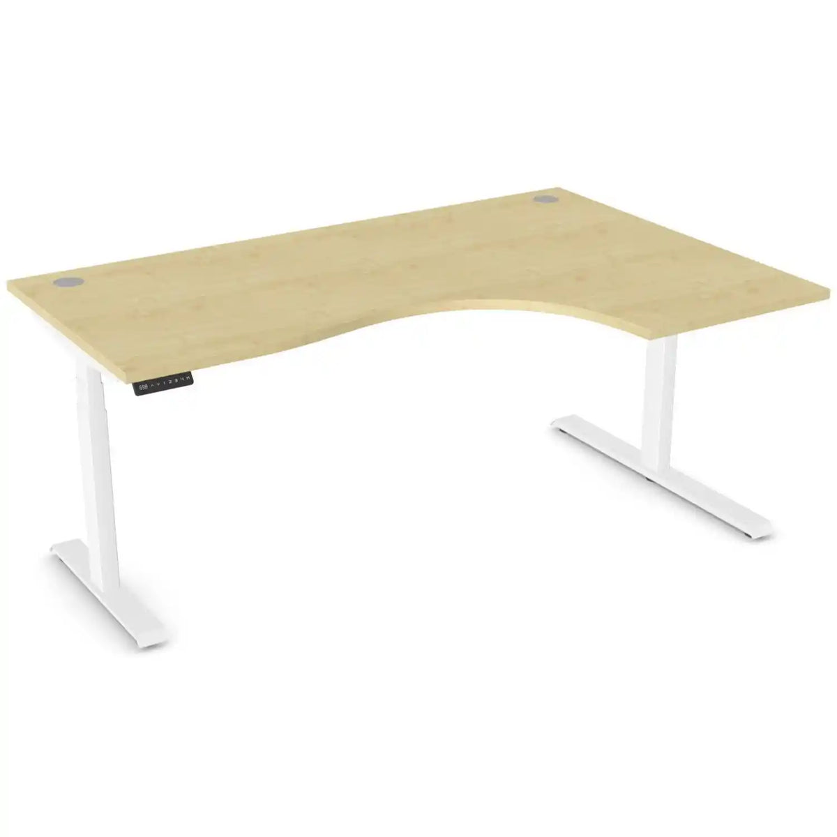 Curved sit stand desk with 1800mm x 1200mm maple desk top, white frame and right-hand return