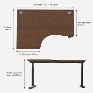 Curved standing desk dimensions diagram shown