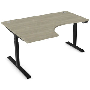 Curved standing desk with 1600mm x 1200mm arctic oak desk top, black frame and left-hand return