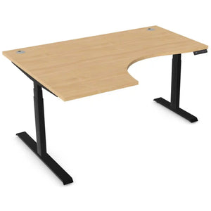 Curved standing desk with 1600mm x 1200mm beech desk top, black frame and left-hand return