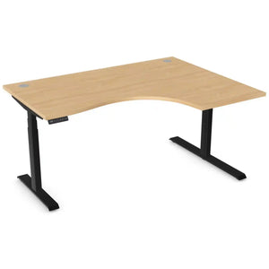 Curved standing desk with 1600mm x 1200mm beech desk top, black frame and right-hand return