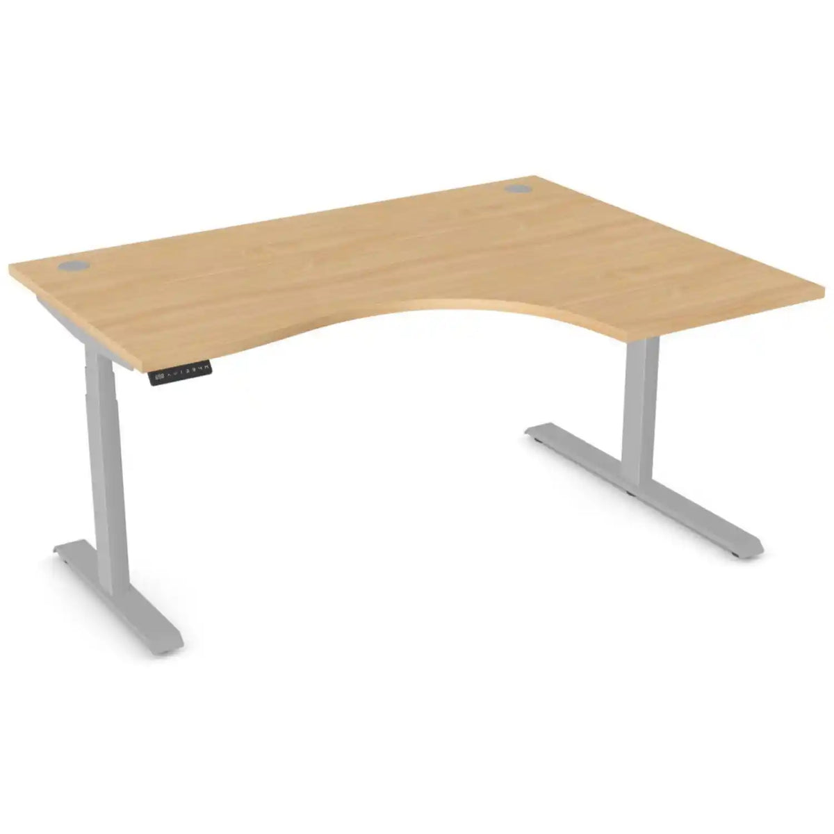 Curved standing desk with 1600mm x 1200mm beech desk top, silver frame and right-hand return