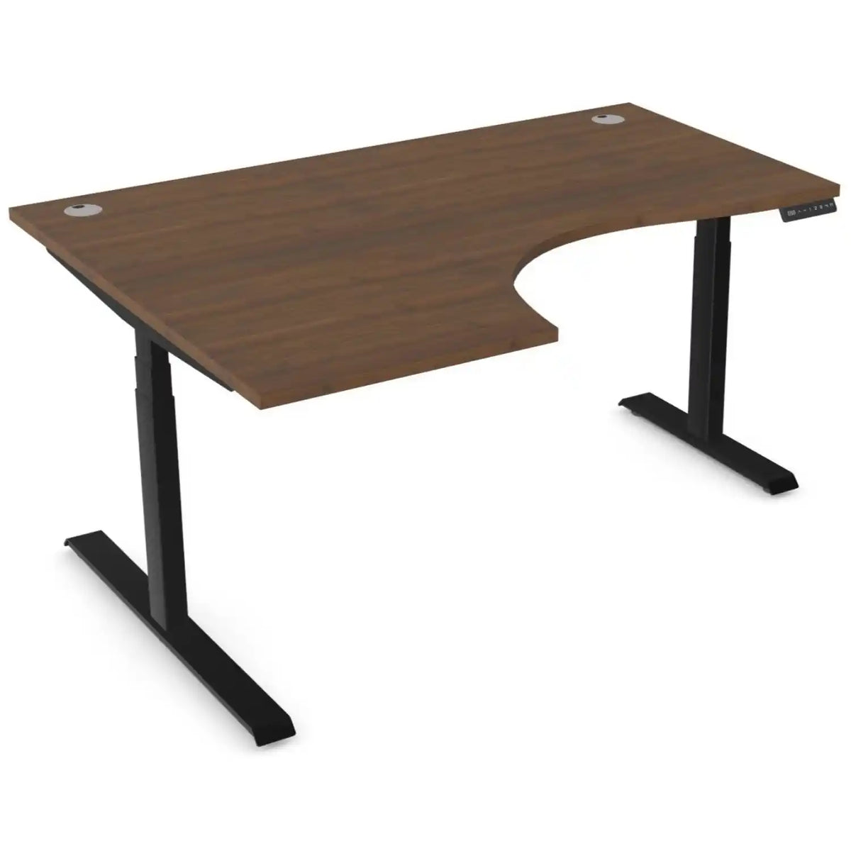 Curved standing desk with 1600mm x 1200mm walnut desk top, black frame and left-hand return