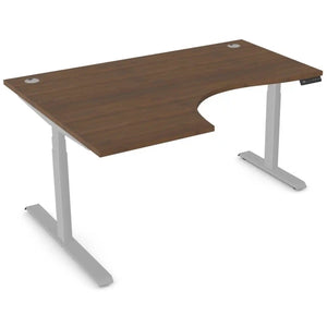 Curved standing desk with 1600mm x 1200mm walnut desk top, silver frame and left-hand return