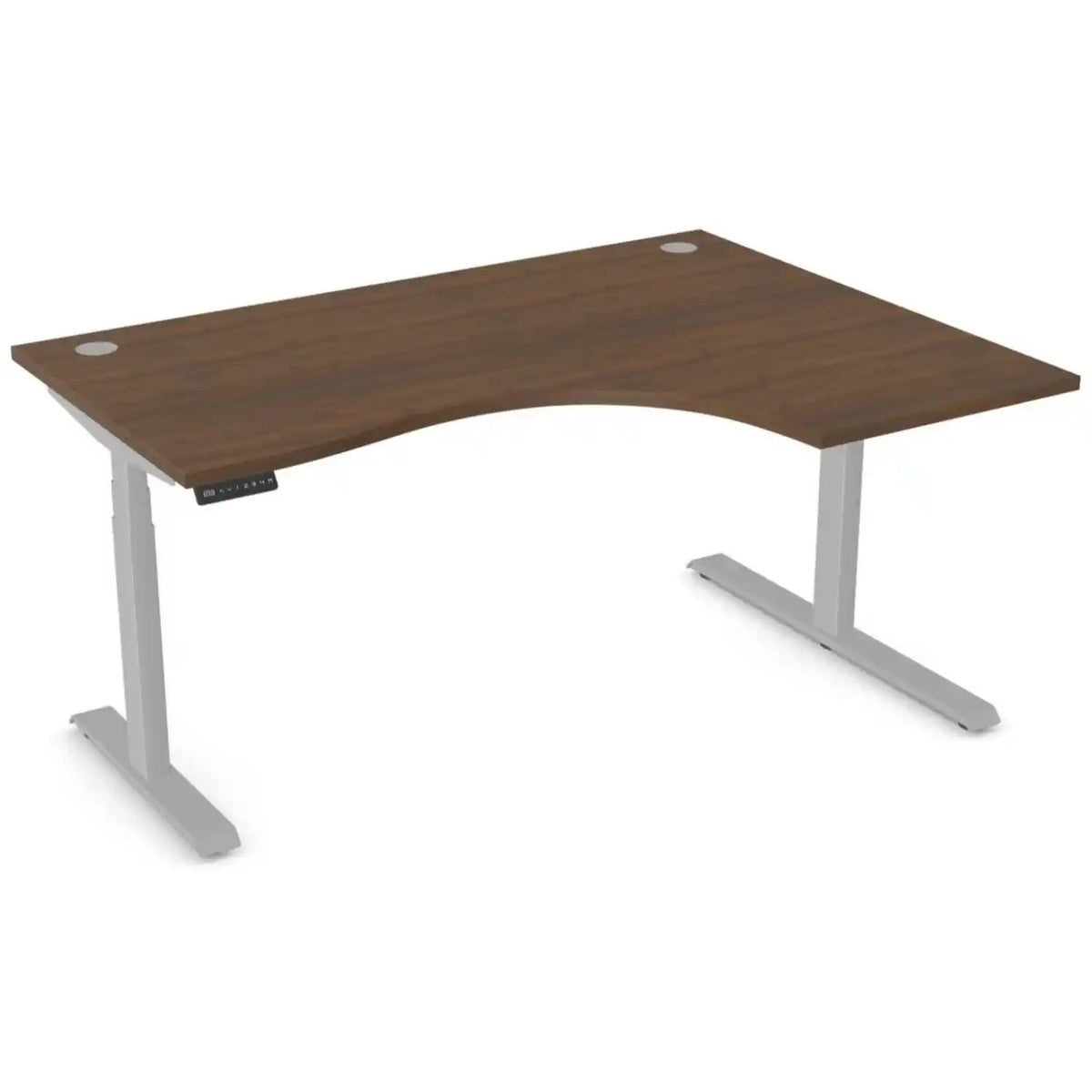 Curved standing desk with 1600mm x 1200mm walnut desk top, silver frame and right-hand return