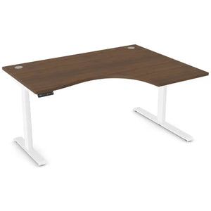 Curved standing desk with 1600mm x 1200mm walnut desk top, white frame and right-hand return