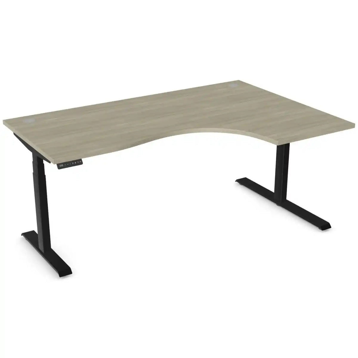 Curved standing desk with 1800mm x 1200mm arctic oak desk top, black frame and right-hand return