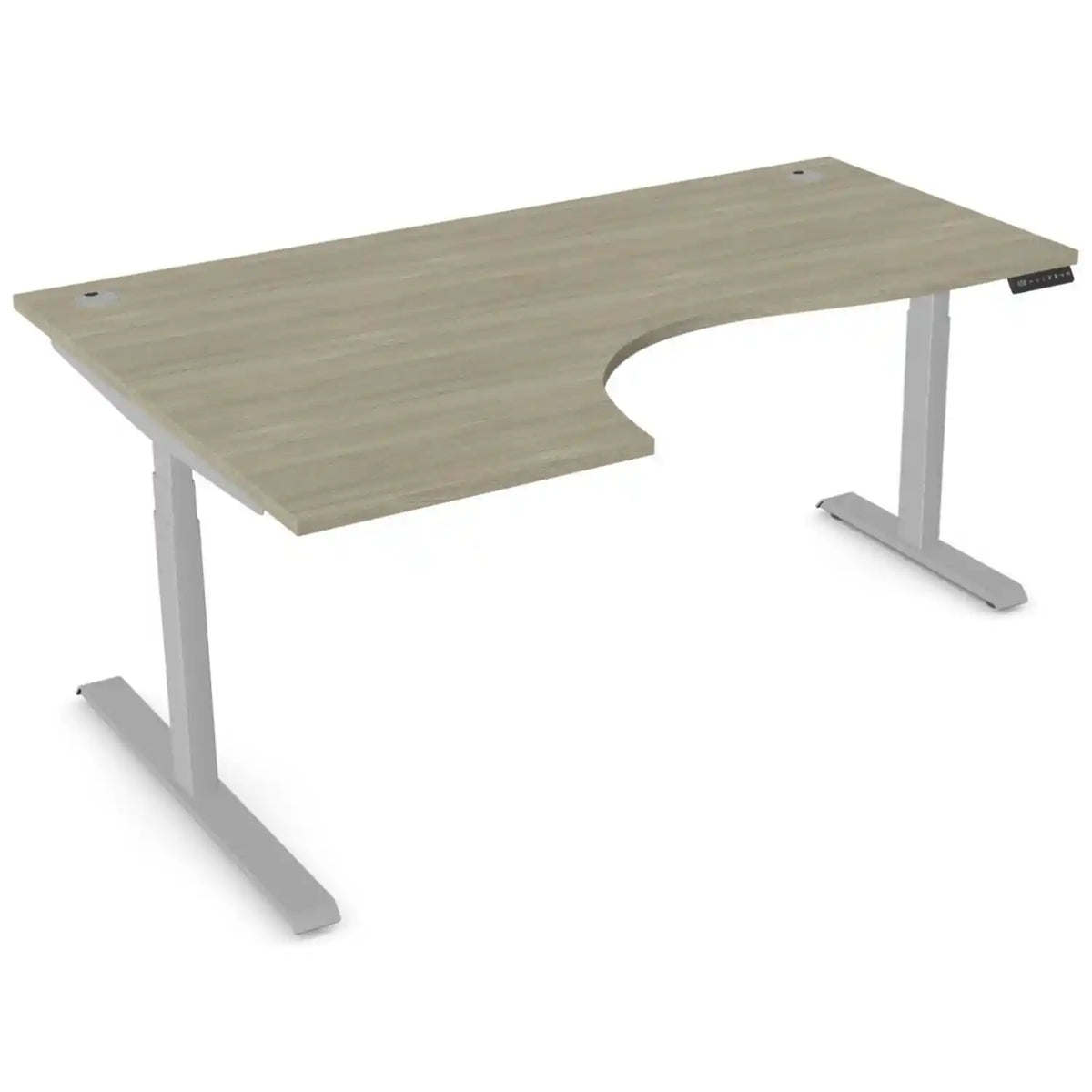 Curved standing desk with 1800mm x 1200mm arctic oak desk top, silver frame and left-hand return