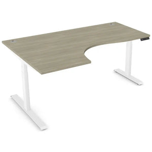Curved standing desk with 1800mm x 1200mm arctic oak desk top, white frame and left-hand return