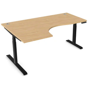 Curved standing desk with 1800mm x 1200mm beech desk top, black frame and left-hand return