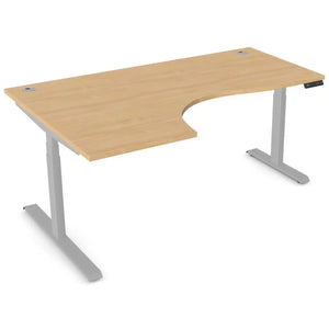Curved standing desk with 1800mm x 1200mm beech desk top, silver frame and left-hand return