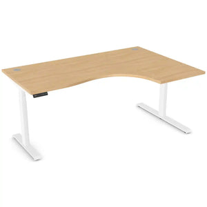 Curved standing desk with 1800mm x 1200mm beech desk top, white frame and right-hand return