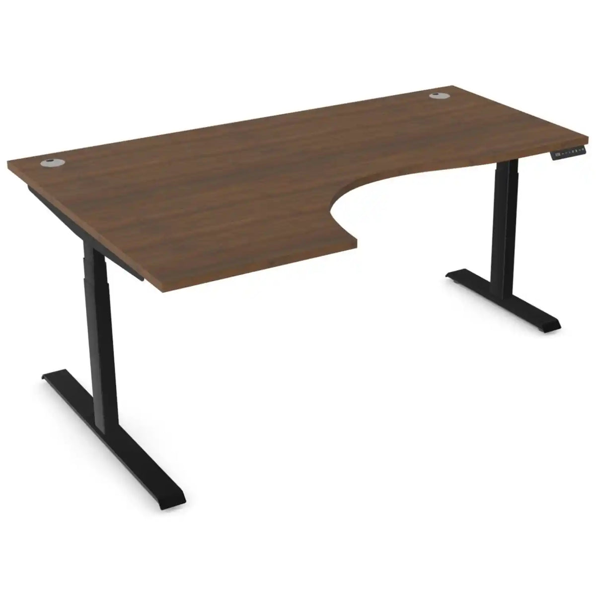 Curved standing desk with 1800mm x 1200mm walnut desk top, black frame and left-hand return