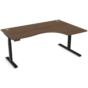 Curved standing desk with 1800mm x 1200mm walnut desk top, black frame and right-hand return