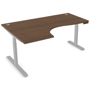 Curved standing desk with 1800mm x 1200mm walnut desk top, silver frame and left-hand return