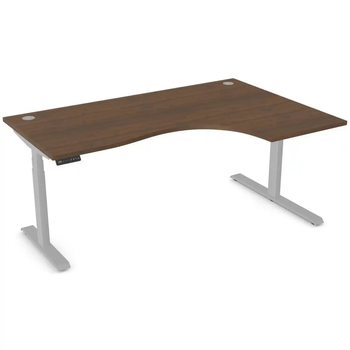 Curved standing desk with 1800mm x 1200mm walnut desk top, silver frame and right-hand return