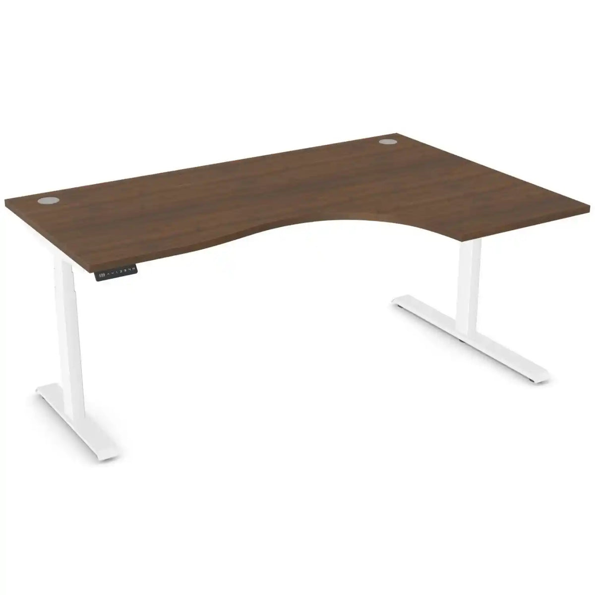 Curved standing desk with 1800mm x 1200mm walnut desk top, white frame and right-hand return