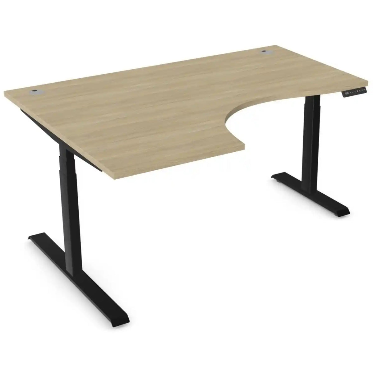 Curving standing desk with 1600mm x 1200mm urban oak desk top, black frame and left-hand return