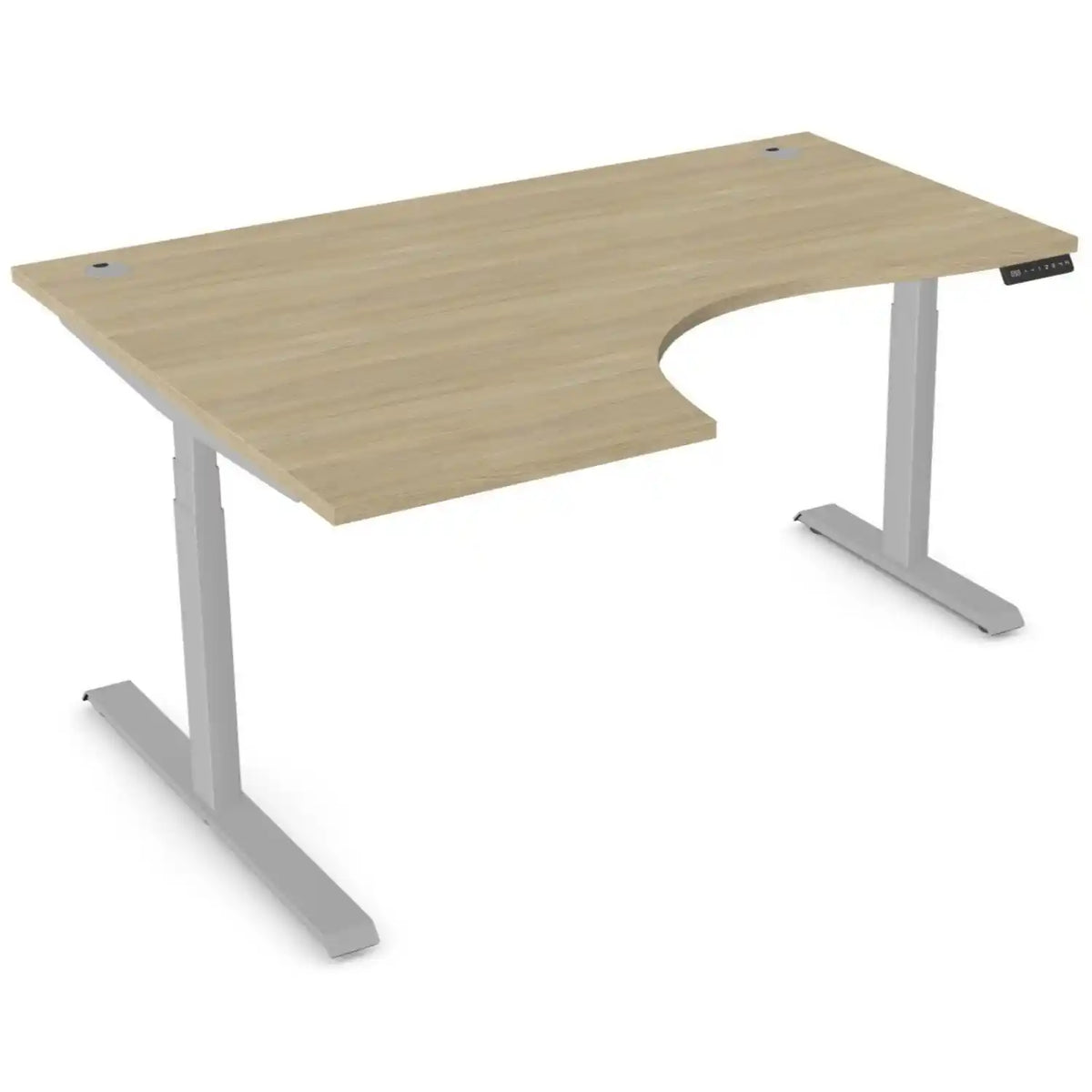 Curving standing desk with 1600mm x 1200mm urban oak desk top, silver frame and left-hand return