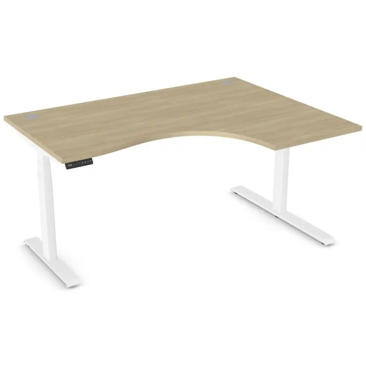 Curving standing desk with 1600mm x 1200mm urban oak desk top, white frame and right-hand return