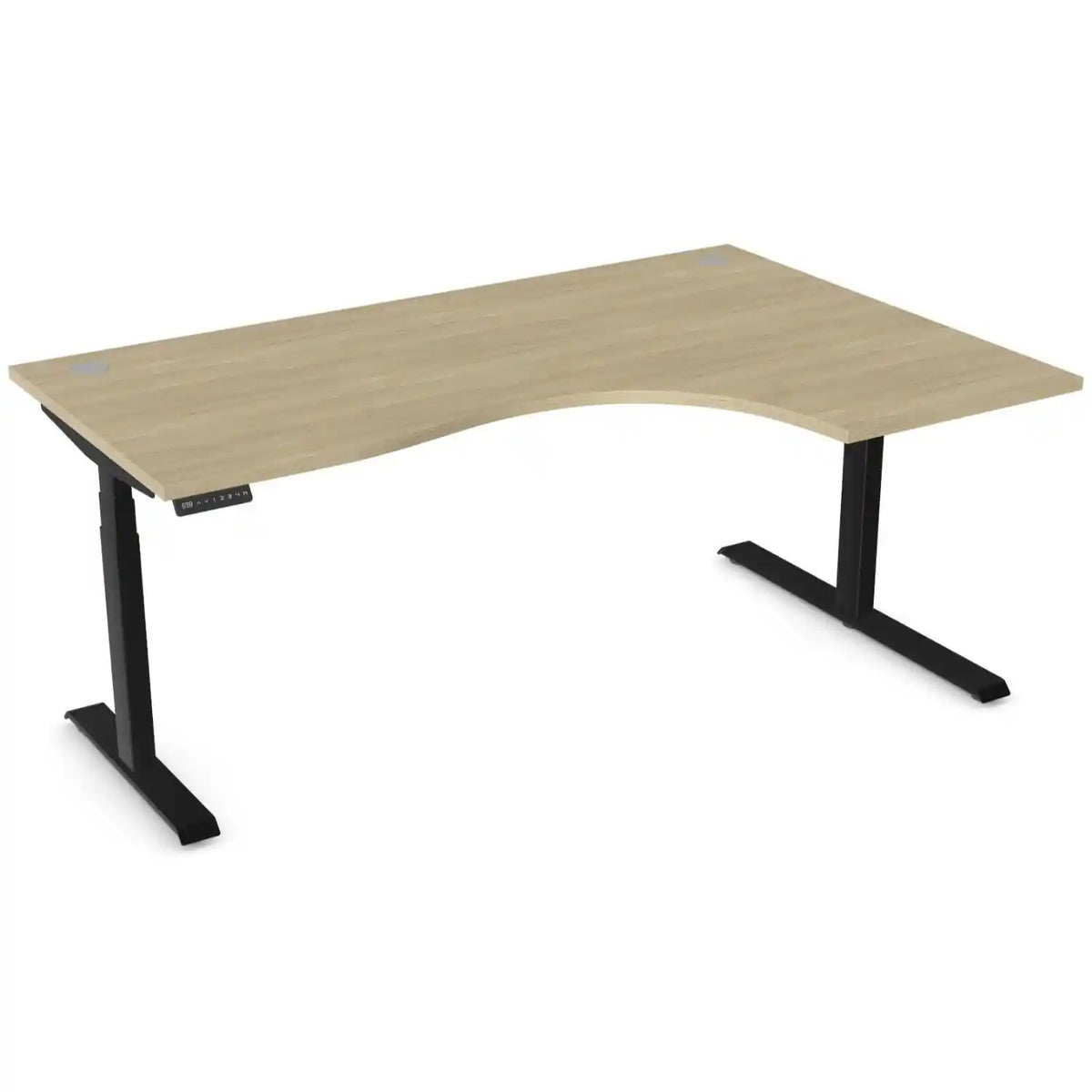 Curving standing desk with 1800mm x 1200mm urban oak desk top, black frame and right-hand return