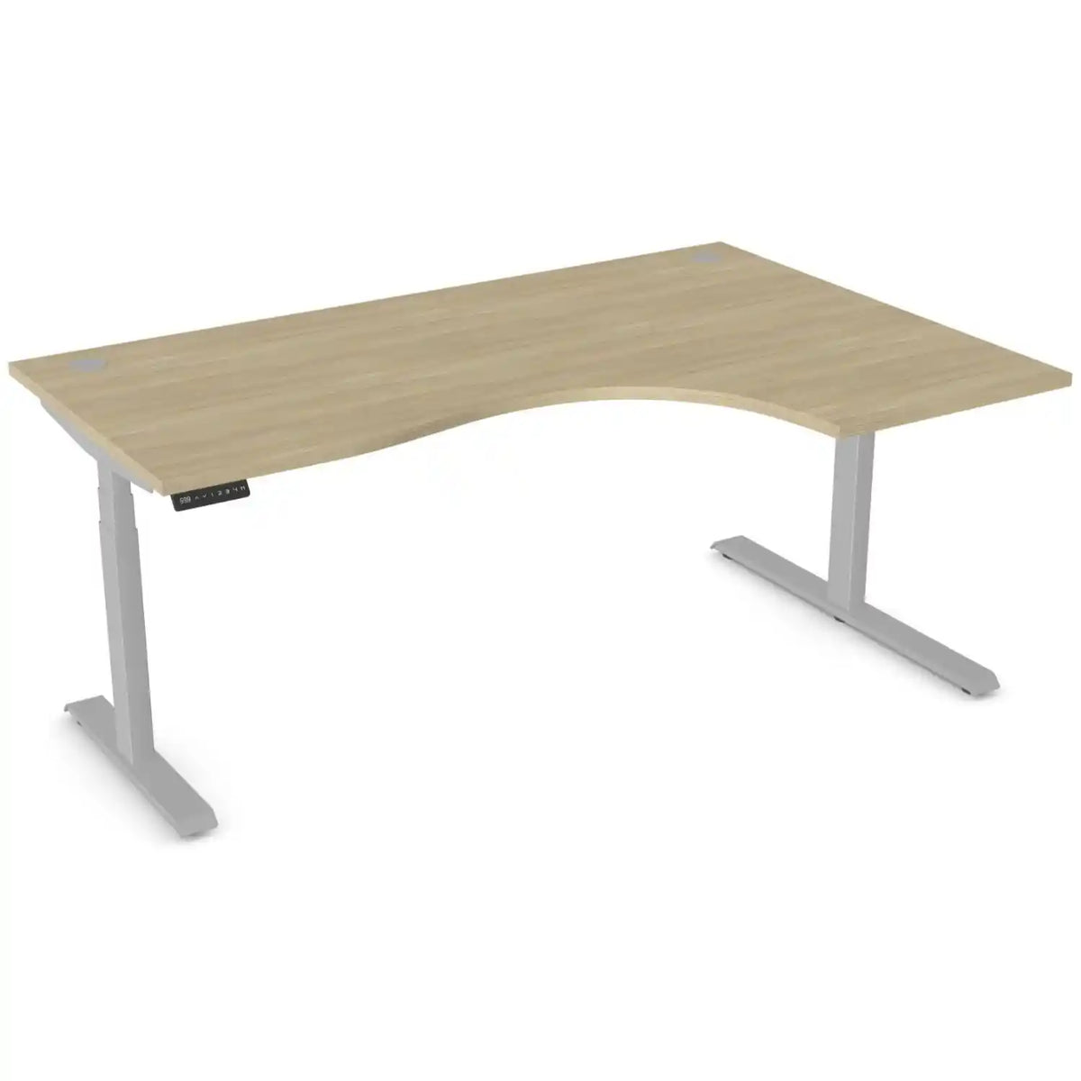 Curving standing desk with 1800mm x 1200mm urban oak desk top, silver frame and right-hand return