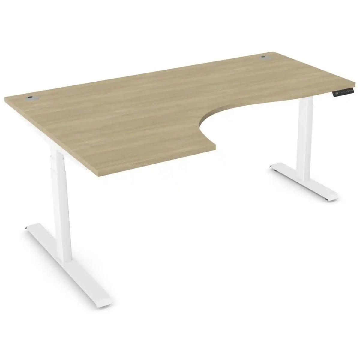Curving standing desk with 1800mm x 1200mm urban oak desk top, white frame and left-hand return