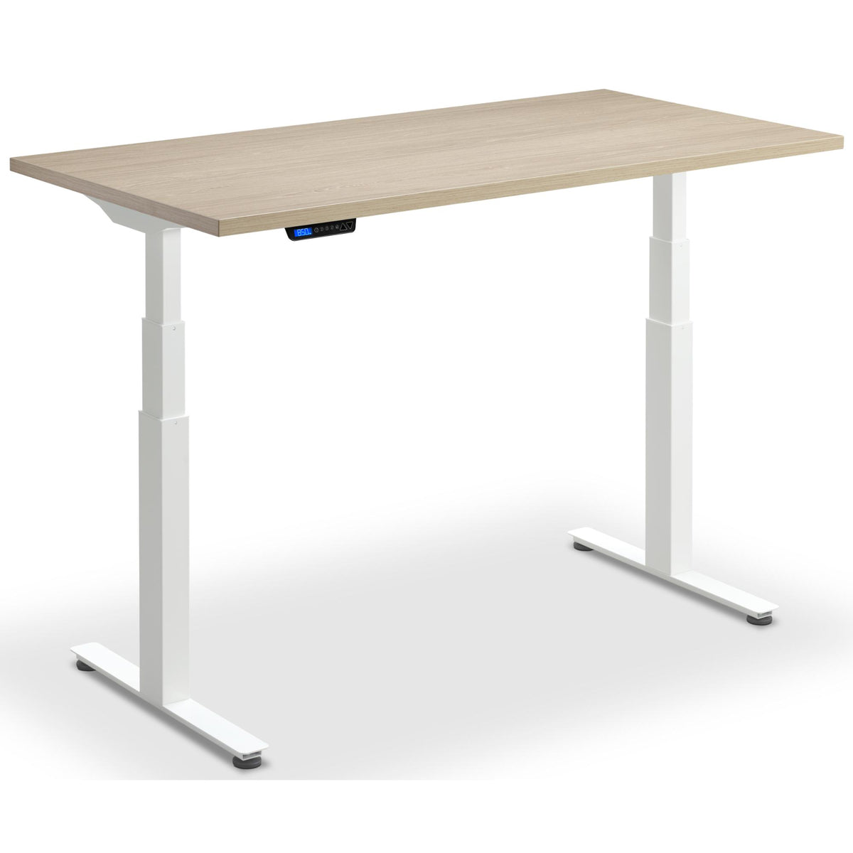 Custom Size Height Adjustable Desk - Rize-Fit - White Frame - Natural Oak Top - Studio Image
