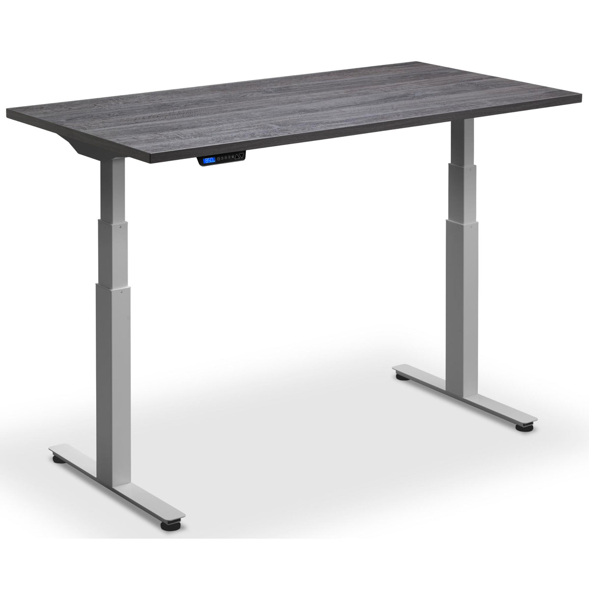 Custom Size Sit Stand Desk - Rize-Fit - Silver Frame - Anthracite Sherman Oak Top - Studio Image
