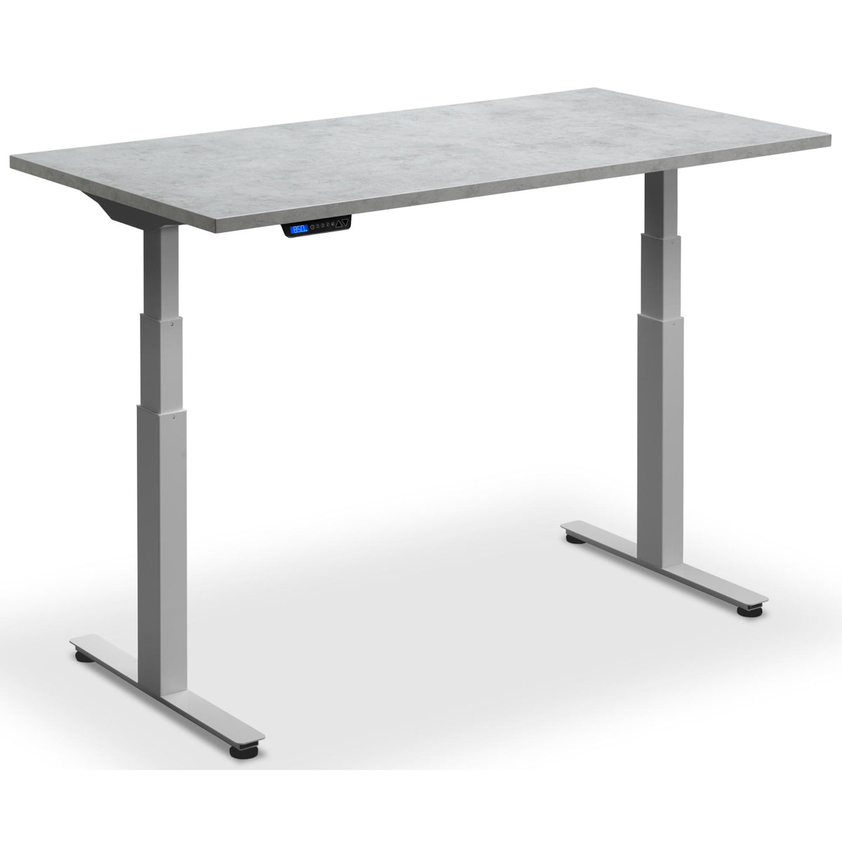 Custom Size Sit Stand Desk - Rize-Fit - Silver Frame - Light Concrete Top - Studio Image