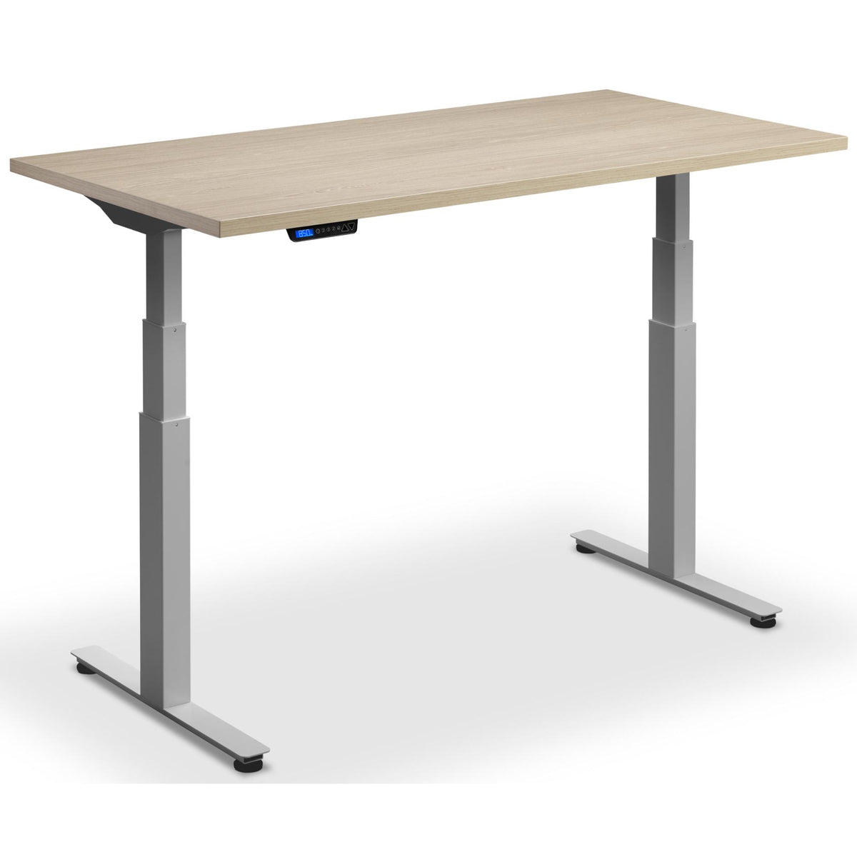 Custom Size Sit Stand Desk - Rize-Fit - Silver Frame - Natural Oak Top - Studio Image