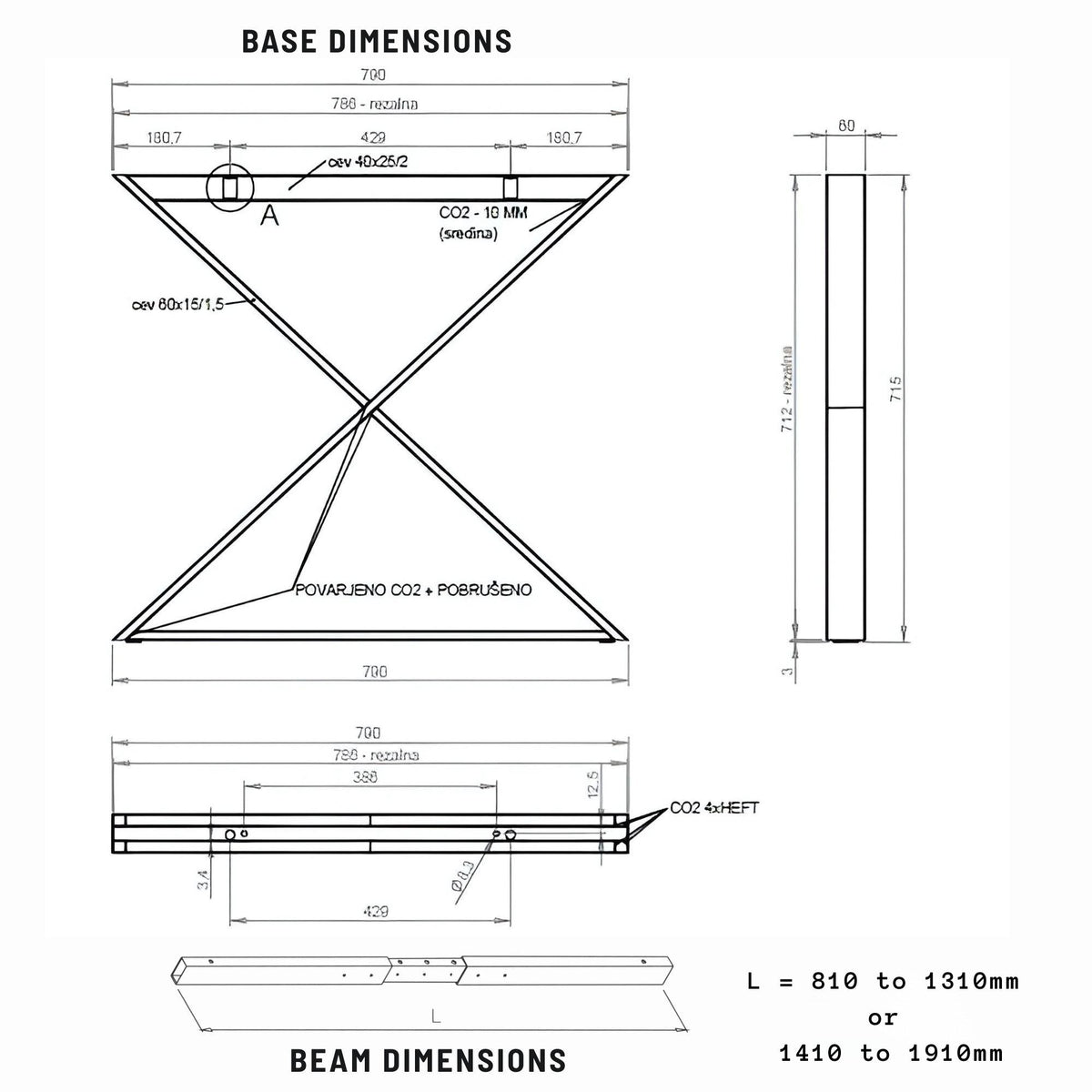 Desk Frame Telescopic - Base and Beam Dimensions